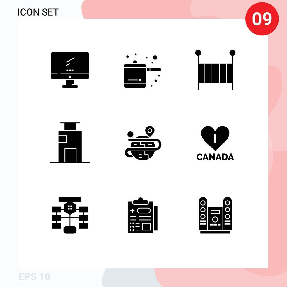 paquete de 9 signos y símbolos de glifos sólidos modernos para medios de impresión web, como elementos de diseño de vectores editables de edificio de ciudad infantil de oficina de proceso