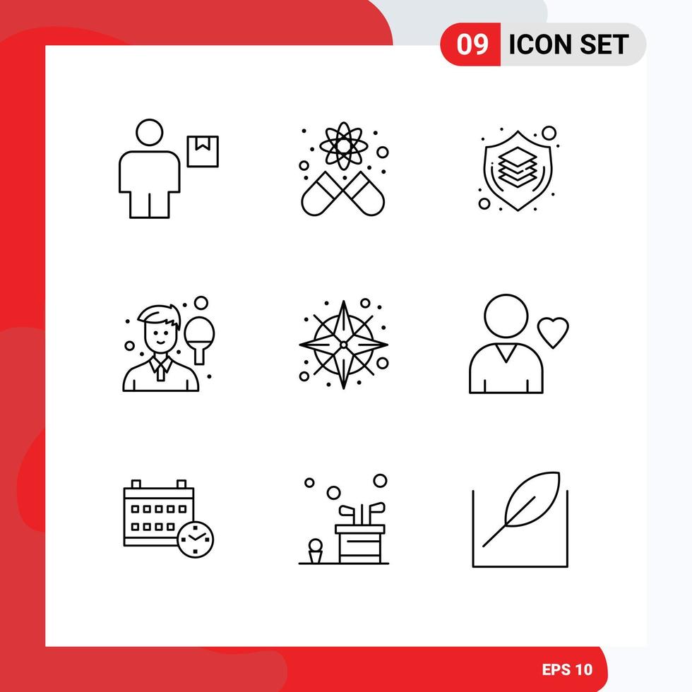 Group of 9 Modern Outlines Set for racket man brain boy thinking Editable Vector Design Elements