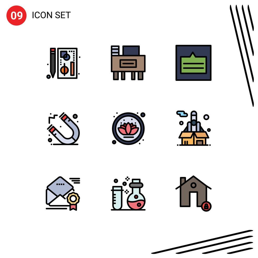 9 Universal Filledline Flat Color Signs Symbols of nature school grid magnet wireframe Editable Vector Design Elements
