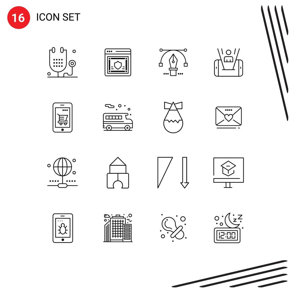 Pack of 16 creative Outlines of technology cell security mobile text Editable Vector Design Elements