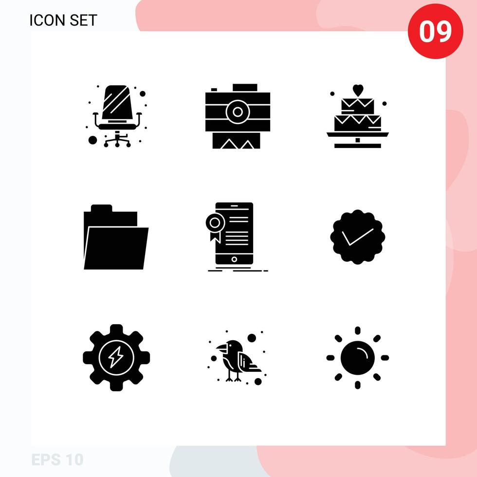 Solid Glyph Pack of 9 Universal Symbols of app certificate cake open files Editable Vector Design Elements