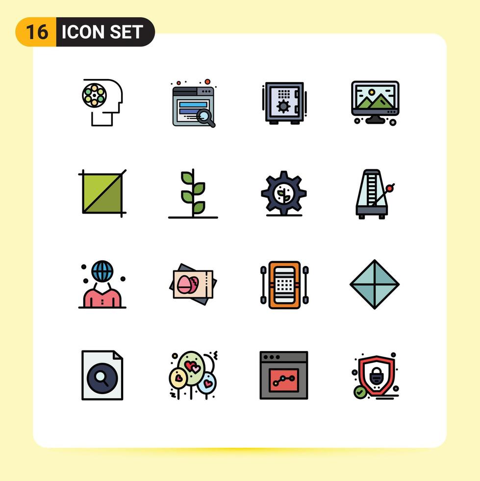 Pack of 16 Modern Flat Color Filled Lines Signs and Symbols for Web Print Media such as crop computer bank image safe box Editable Creative Vector Design Elements