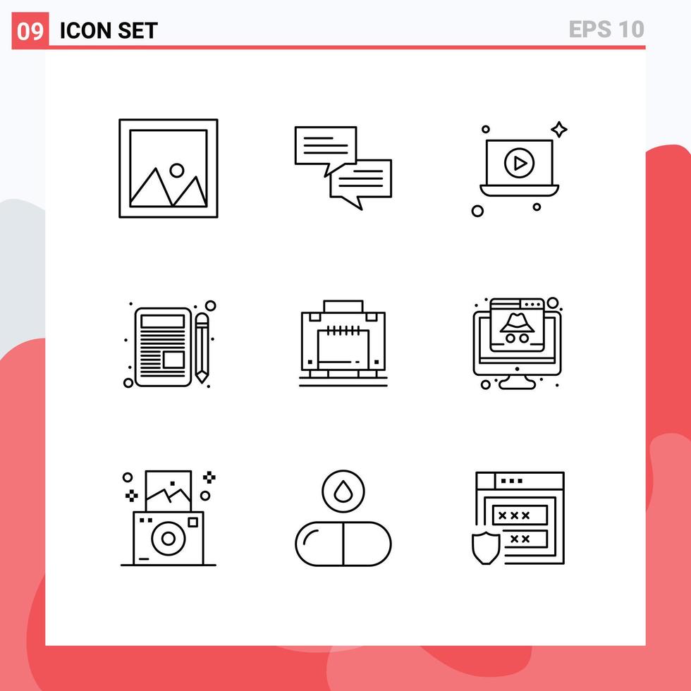 9 Universal Outlines Set for Web and Mobile Applications suitcase hotel laptop chat write Editable Vector Design Elements
