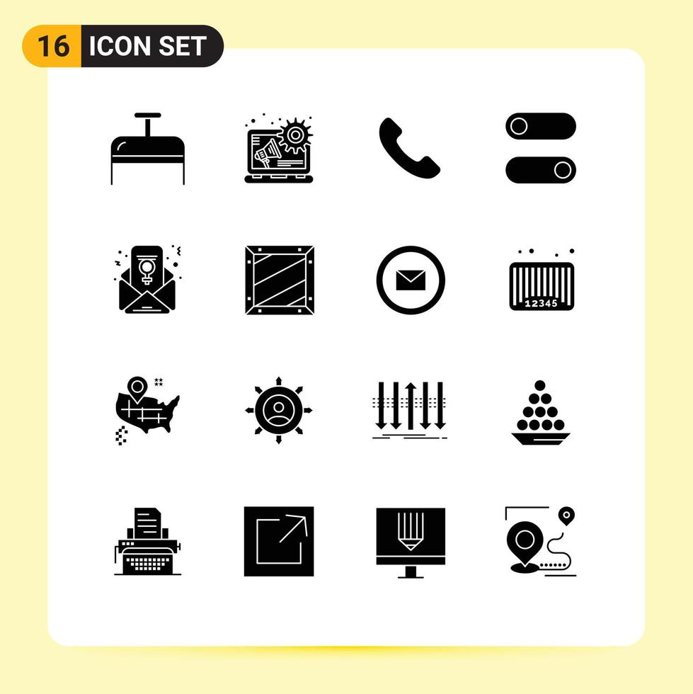 Set of 16 Vector Solid Glyphs on Grid for design box call email feminism chat Editable Vector Design Elements