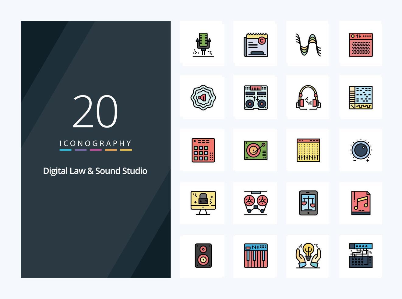 20 Digital Law And Sound Studio line Filled icon for presentation vector