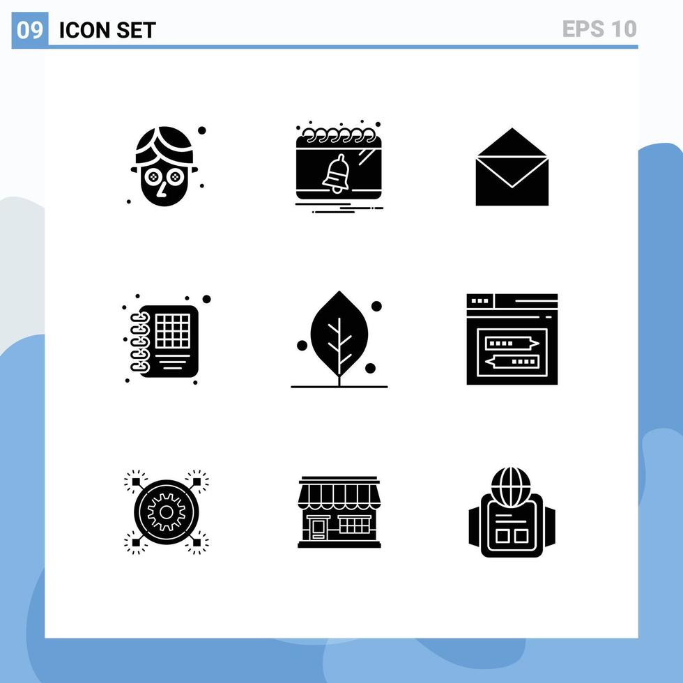9 User Interface Solid Glyph Pack of modern Signs and Symbols of spring leaf mail ecology diary Editable Vector Design Elements