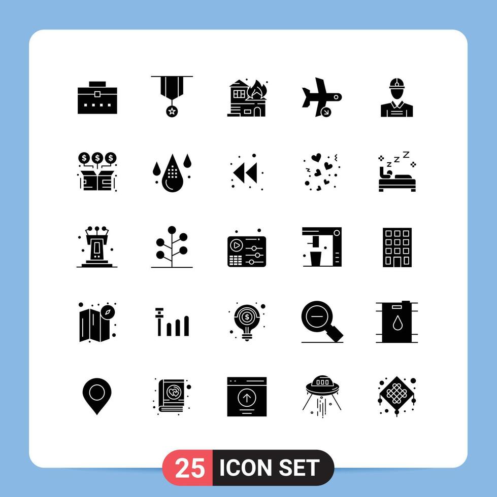 25 Universal Solid Glyph Signs Symbols of transportation plane star landing house Editable Vector Design Elements