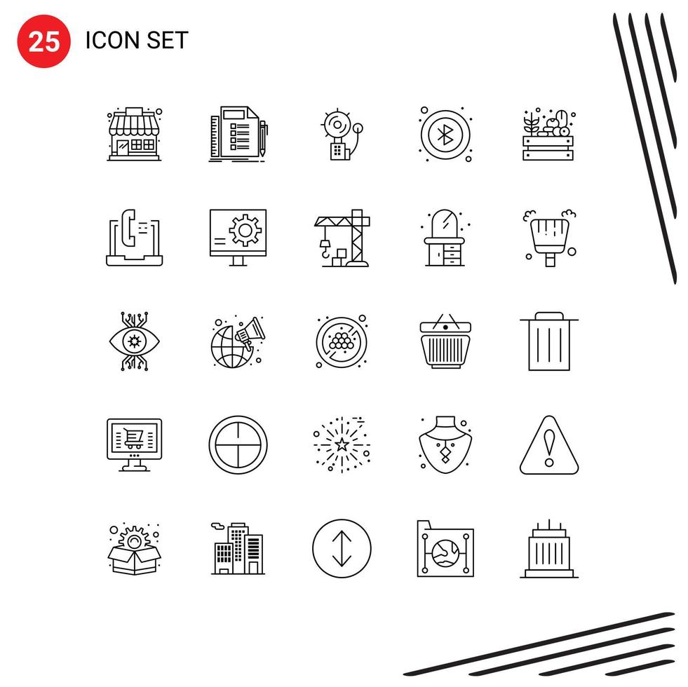 User Interface Pack of 25 Basic Lines of farm interface task bluetooth fire Editable Vector Design Elements