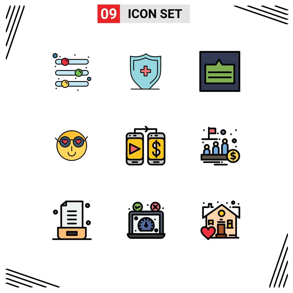Mobile Interface Filledline Flat Color Set of 9 Pictograms of cute emoji shield smiley popup Editable Vector Design Elements