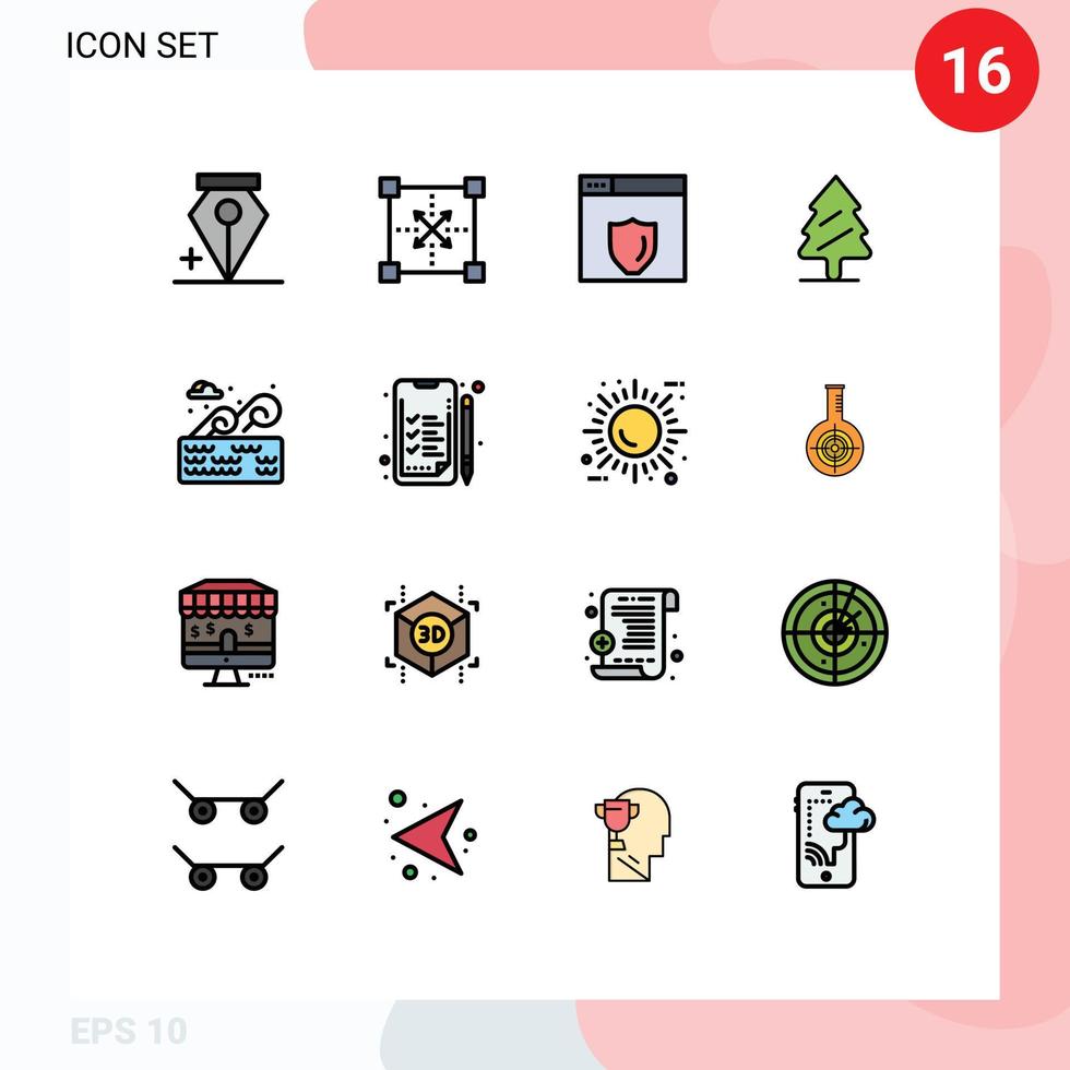 Group of 16 Flat Color Filled Lines Signs and Symbols for place water web server tree pine Editable Creative Vector Design Elements