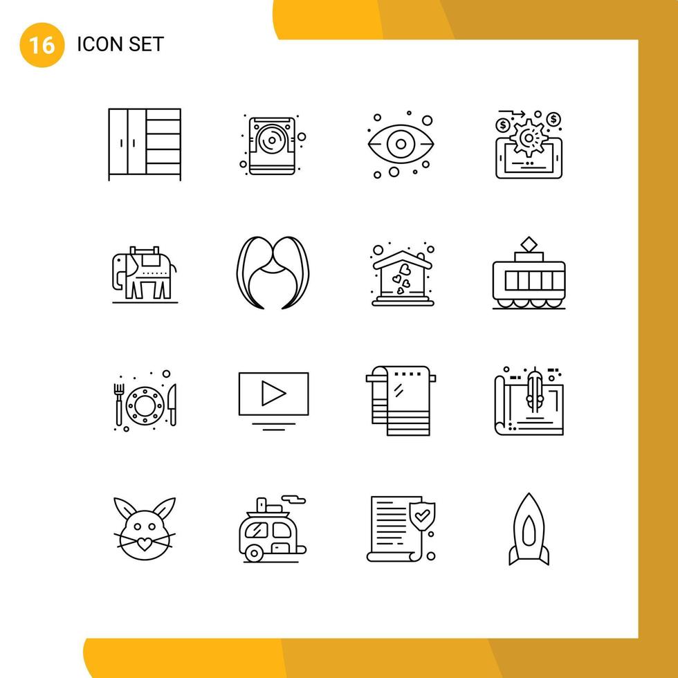 Mobile Interface Outline Set of 16 Pictograms of moustache american server elephent data management Editable Vector Design Elements