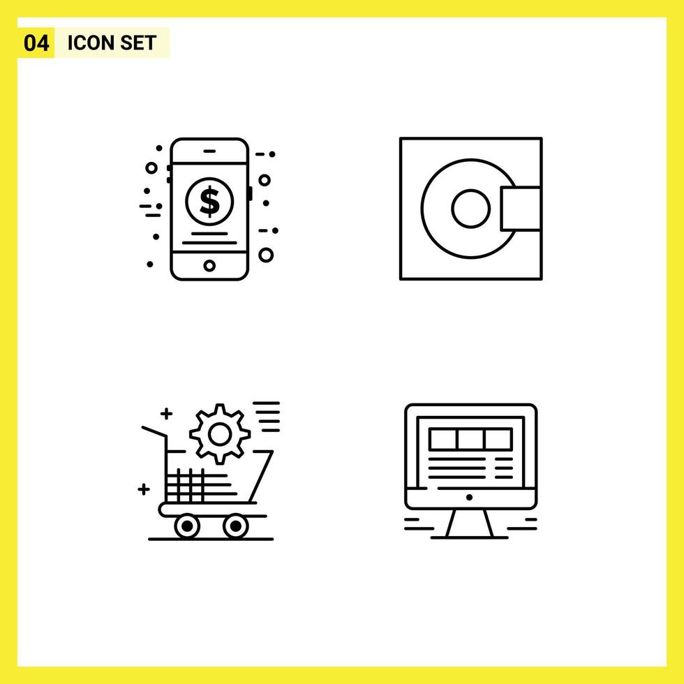 Set of 4 Modern UI Icons Symbols Signs for ecommerce cart sale minidisc setting Editable Vector Design Elements