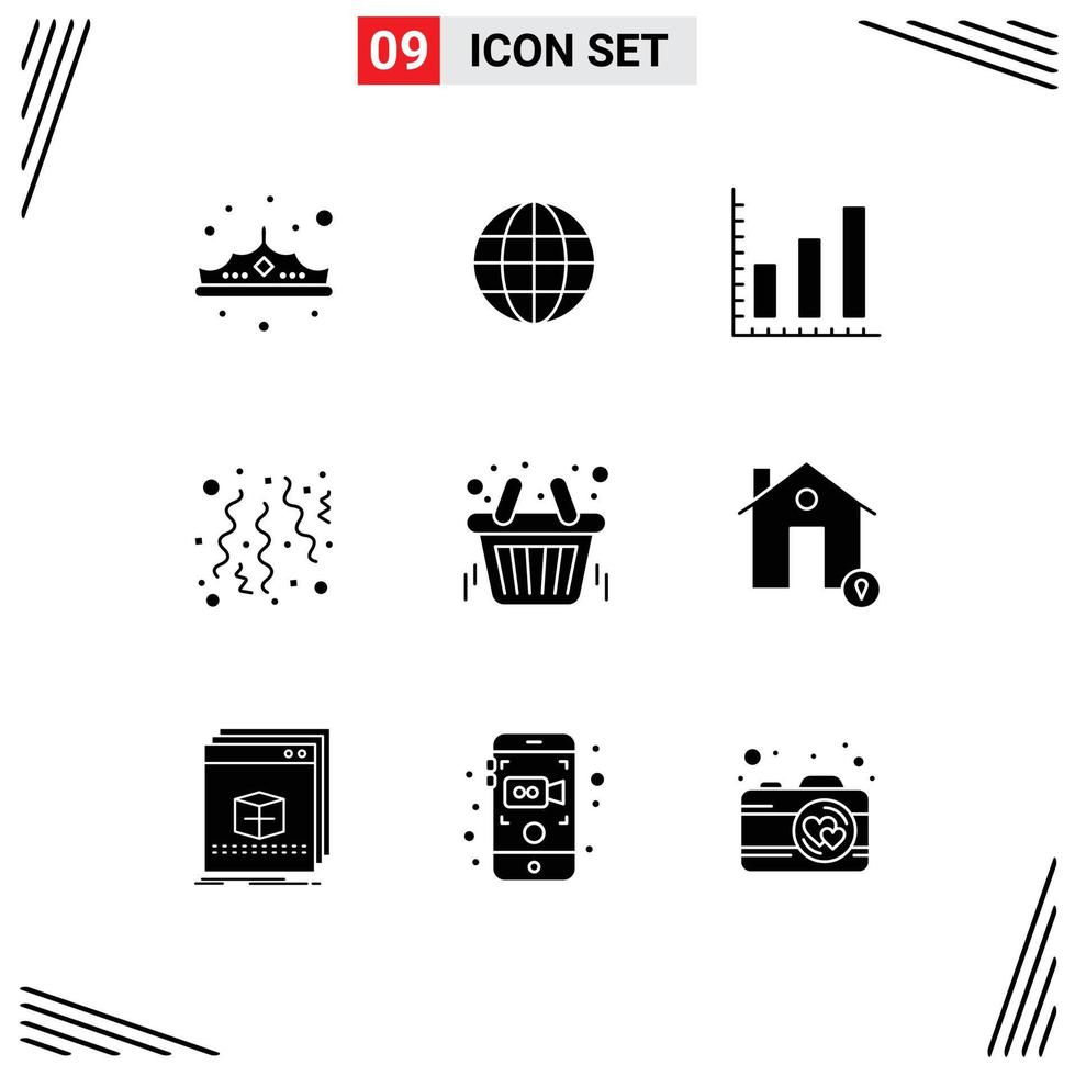 Mobile Interface Solid Glyph Set of 9 Pictograms of shopping party ineternet confetti birthday Editable Vector Design Elements