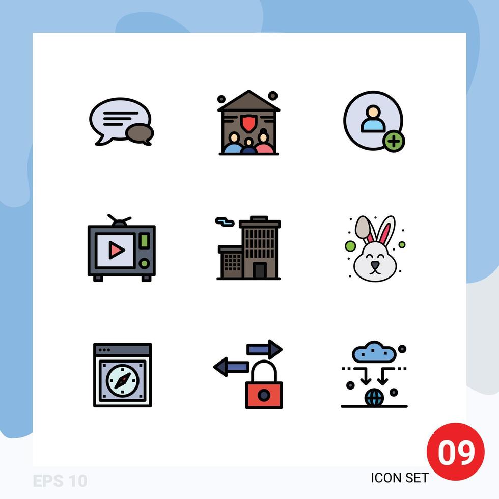 User Interface Pack of 9 Basic Filledline Flat Colors of easter corporation contact business video Editable Vector Design Elements
