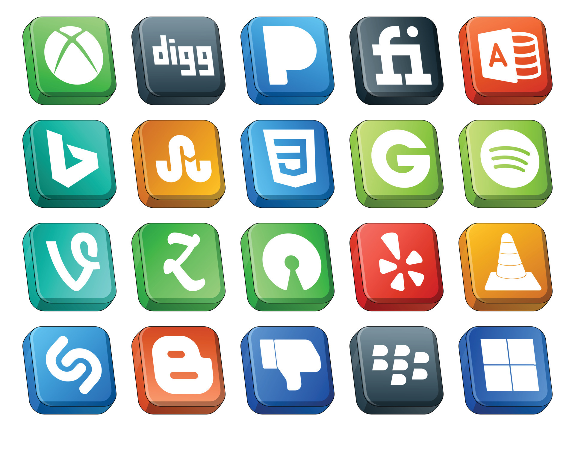 20 social media icon pack including shazam media groupon vlc open
