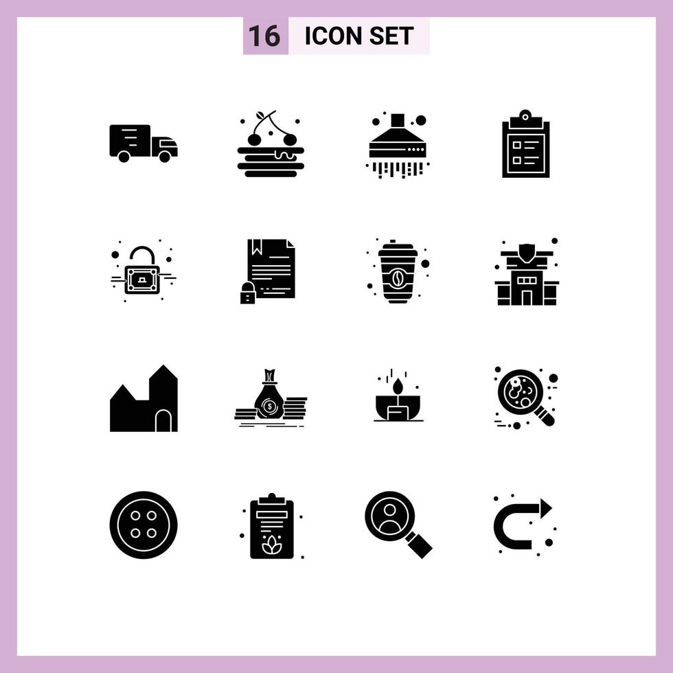 Universal Icon Symbols Group of 16 Modern Solid Glyphs of electronic signature padlock hood lock paper Editable Vector Design Elements