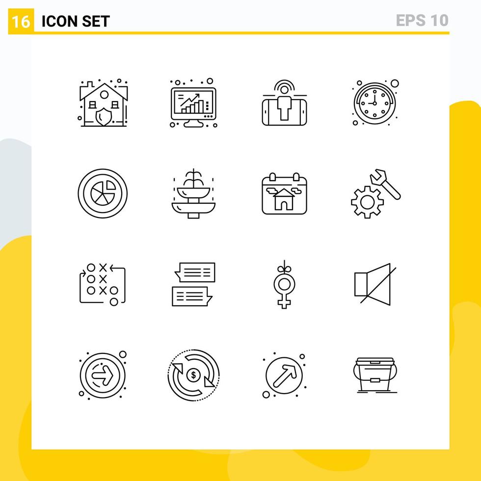 16 Universal Outline Signs Symbols of chart watch data time marketing Editable Vector Design Elements