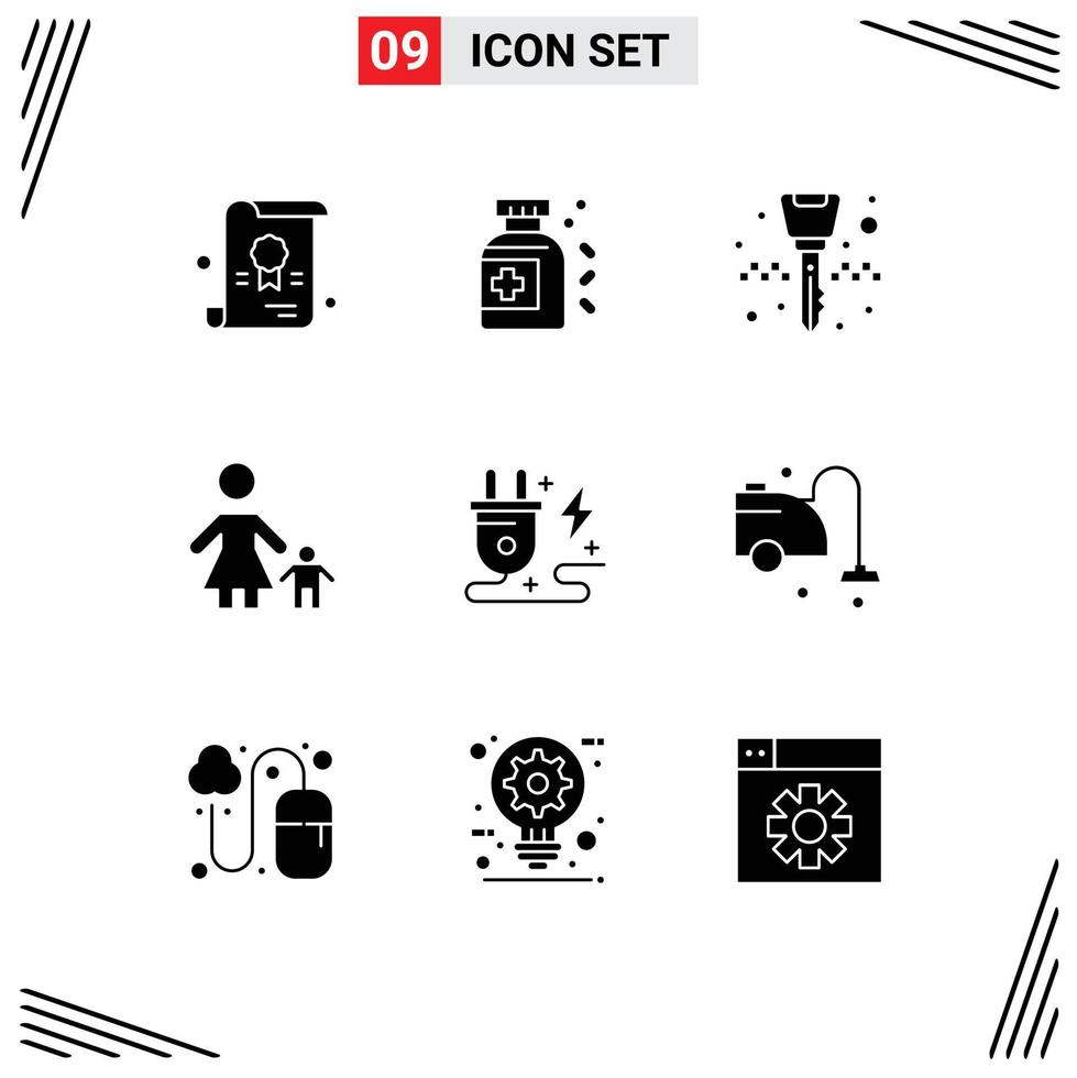 9 User Interface Solid Glyph Pack of modern Signs and Symbols of power energy key chain mother kid Editable Vector Design Elements