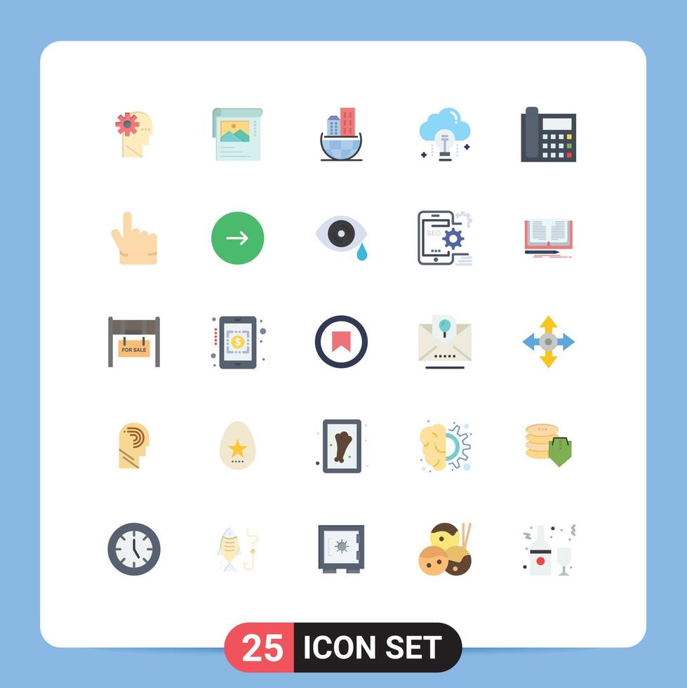 25 User Interface Flat Color Pack of modern Signs and Symbols of call bulb global organization data cloud Editable Vector Design Elements