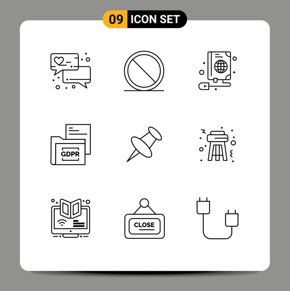 Universal Icon Symbols Group of 9 Modern Outlines of pin gdpr book folder document Editable Vector Design Elements