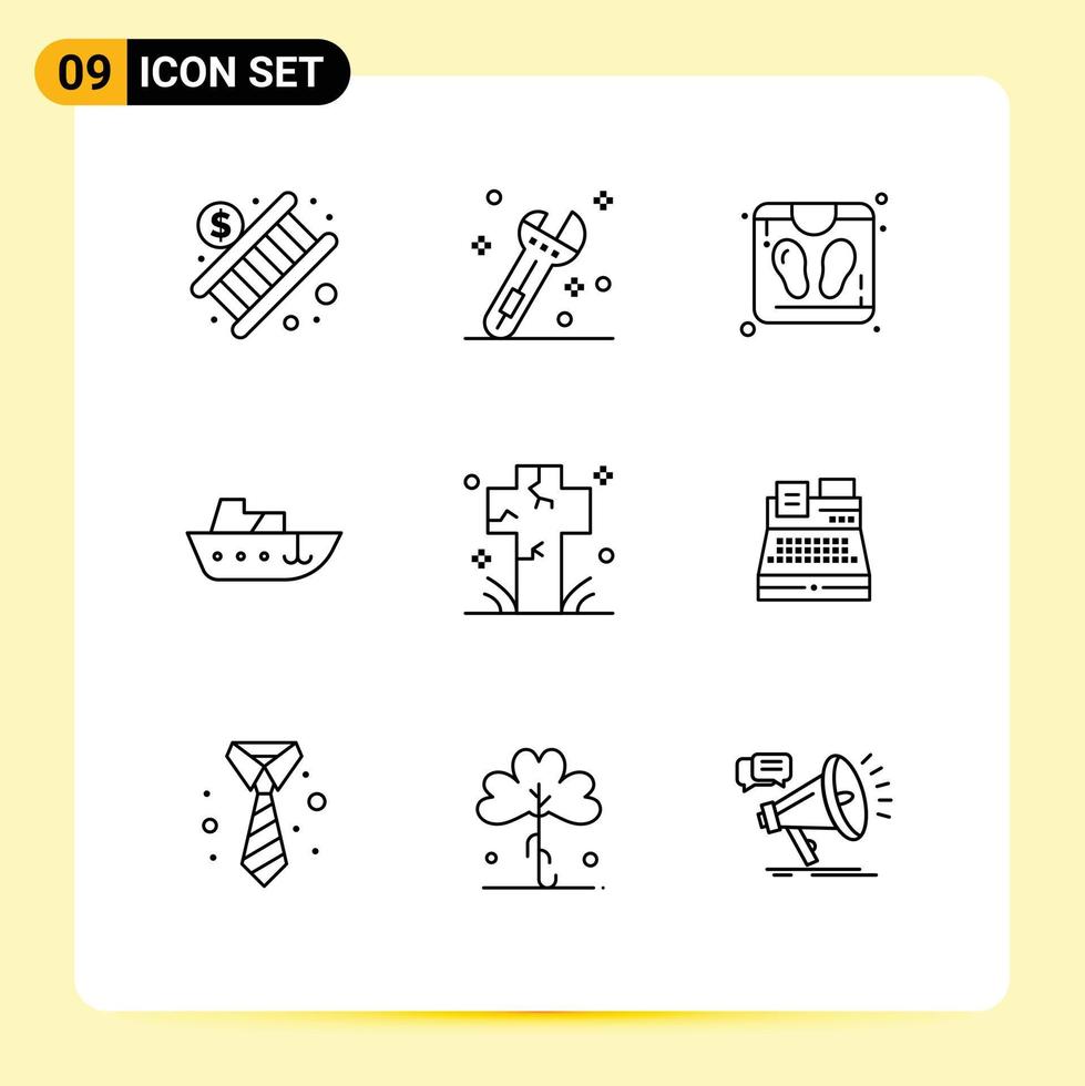 Pack of 9 Modern Outlines Signs and Symbols for Web Print Media such as grave cross scale cemetery vessel Editable Vector Design Elements