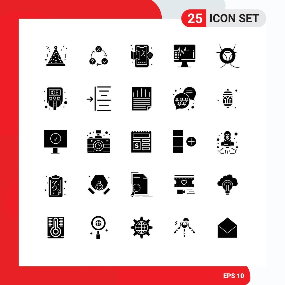 25 User Interface Solid Glyph Pack of modern Signs and Symbols of science medical mobile hospital heart Editable Vector Design Elements