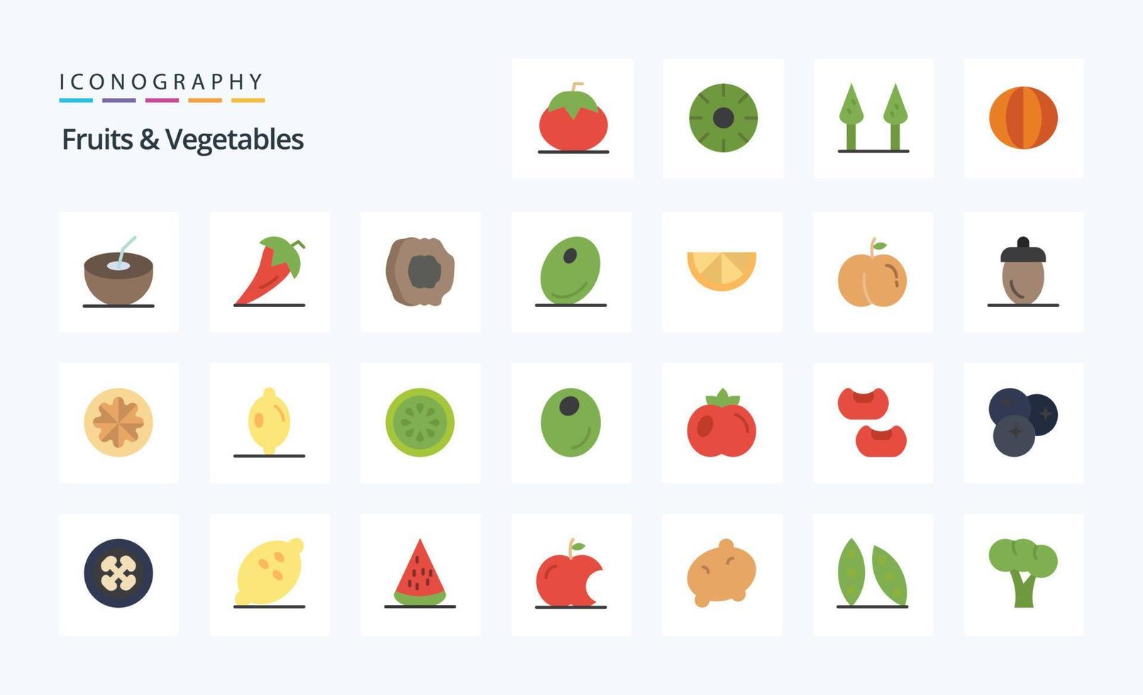 paquete de iconos de color plano de 25 frutas y verduras vector