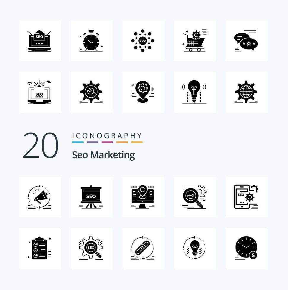 20 Seo Marketing Solid Glyph icon Pack like research key analytics pin location vector