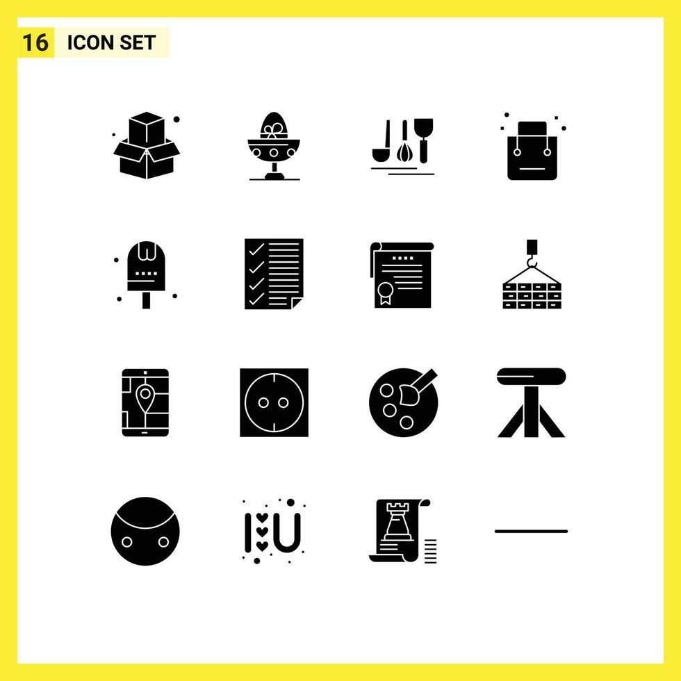 paquete de glifos sólidos de 16 símbolos universales y elementos de diseño vectorial editables de bolsa de comercio electrónico de cubiertos de tienda vector