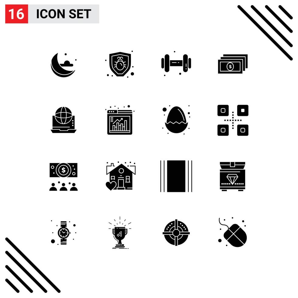 Set of 16 Commercial Solid Glyphs pack for online connection dumbell communication internet Editable Vector Design Elements