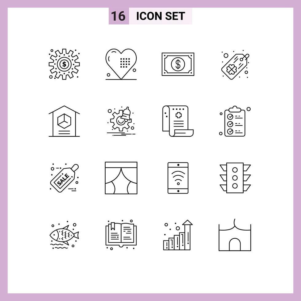 Set of 16 Modern UI Icons Symbols Signs for four leaf clover tag holiday wearable payment Editable Vector Design Elements