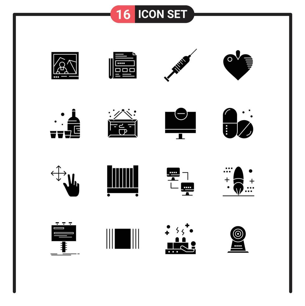 Mobile Interface Solid Glyph Set of 16 Pictograms of bottle love syringe heart shot Editable Vector Design Elements