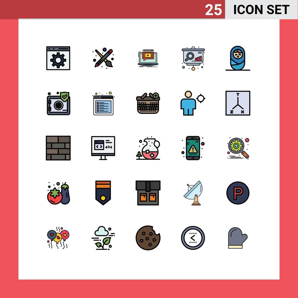 Modern Set of 25 Filled line Flat Colors Pictograph of baby presentation laptop chart video Editable Vector Design Elements