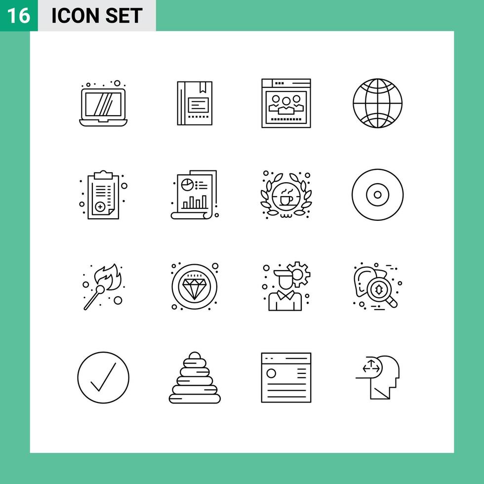 Stock Vector Icon Pack of 16 Line Signs and Symbols for document globe notebook global web Editable Vector Design Elements