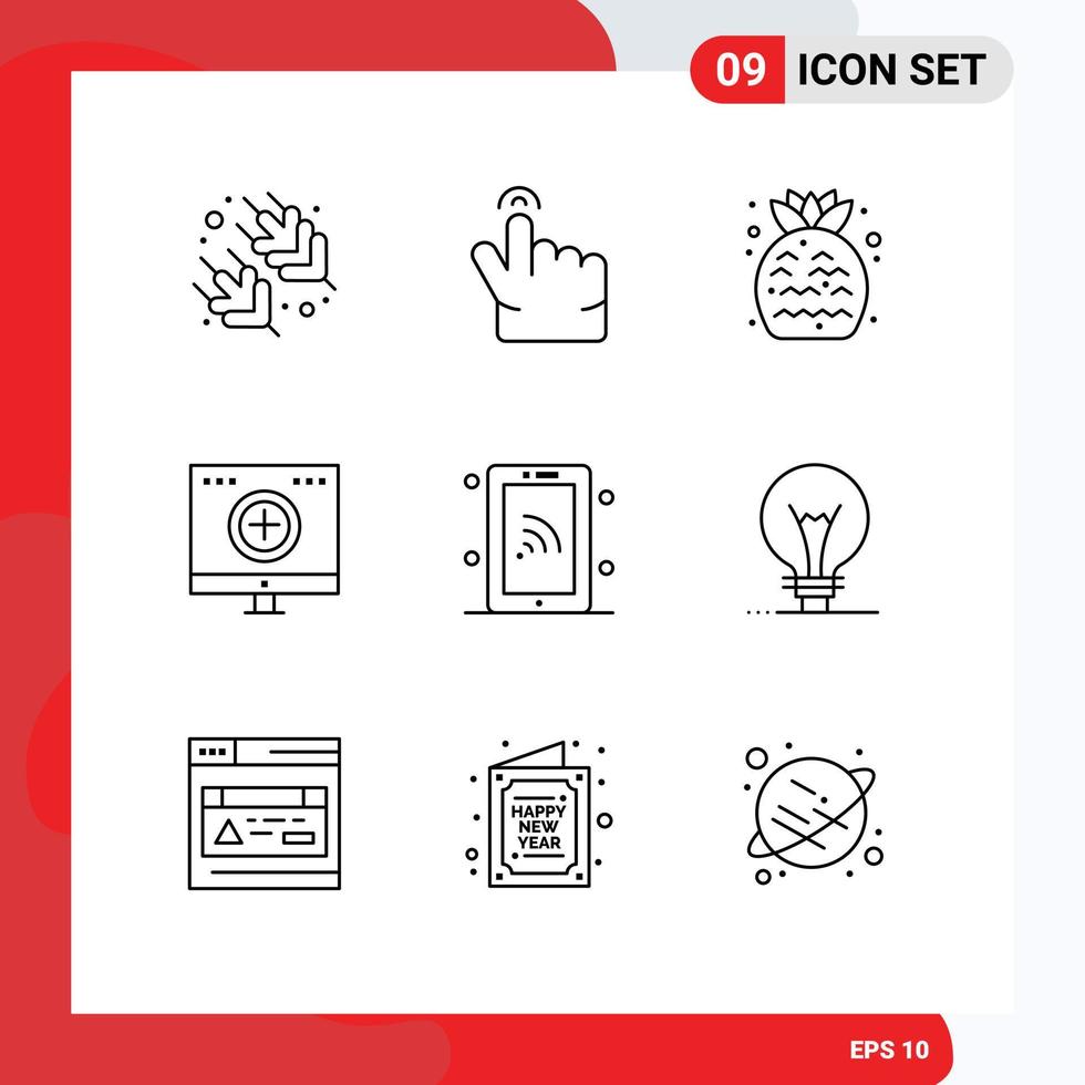 Pictogram Set of 9 Simple Outlines of technology network summer recovery hospital Editable Vector Design Elements