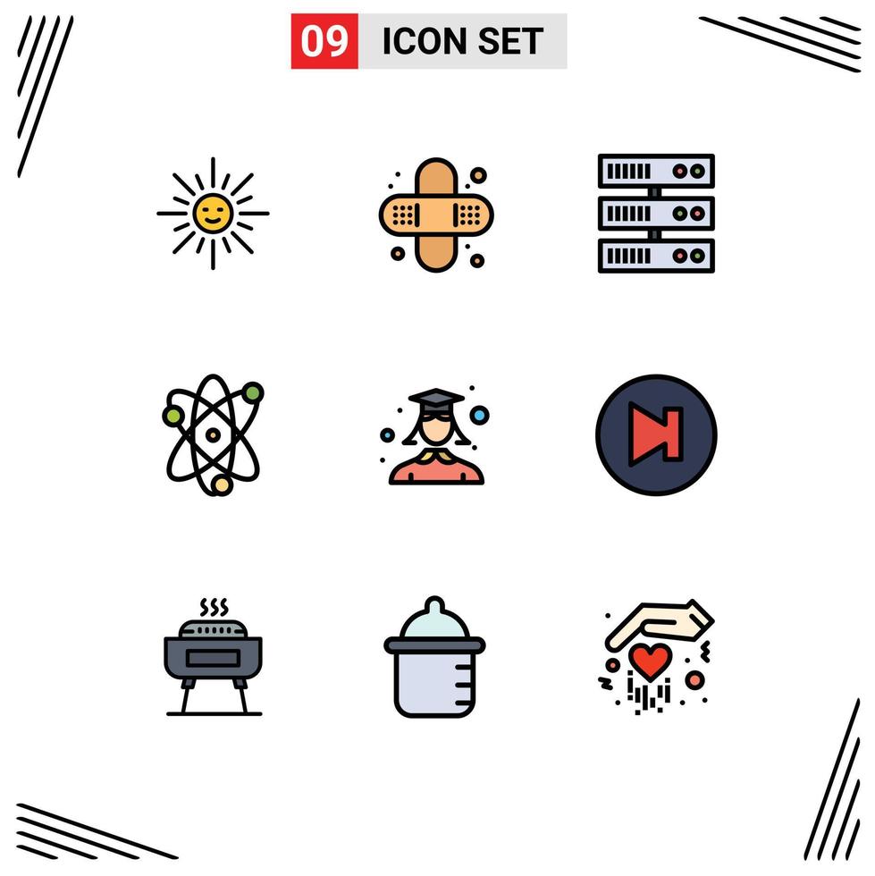 Filledline Flat Color Pack of 9 Universal Symbols of woman graduation datacenter female science Editable Vector Design Elements