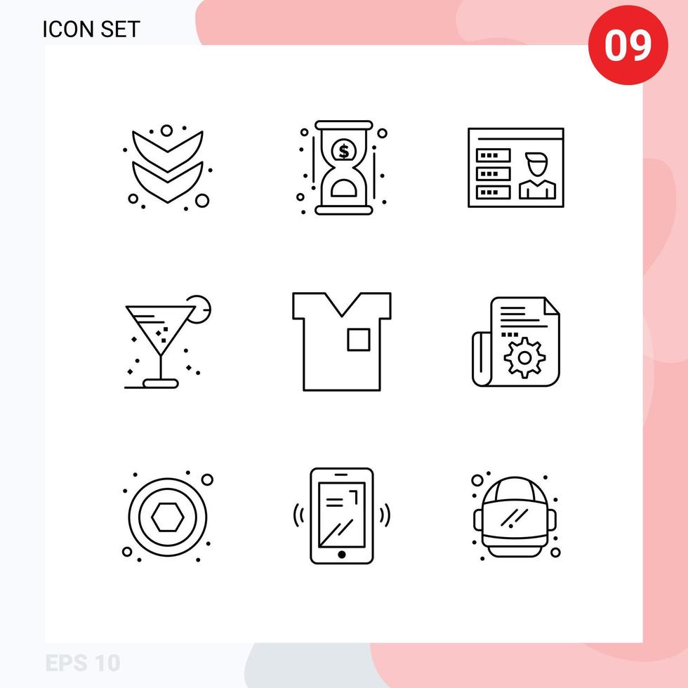 9 Universal Outlines Set for Web and Mobile Applications clothing straw profile ice drink Editable Vector Design Elements
