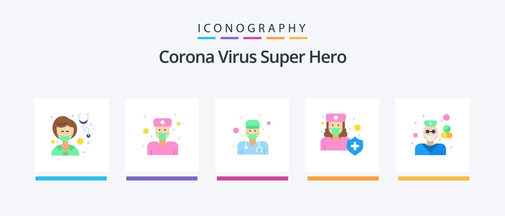 corona virus super hero flat 5 paquete de iconos que incluye escudo. medicamento. masculino. médico. médico. diseño de iconos creativos vector