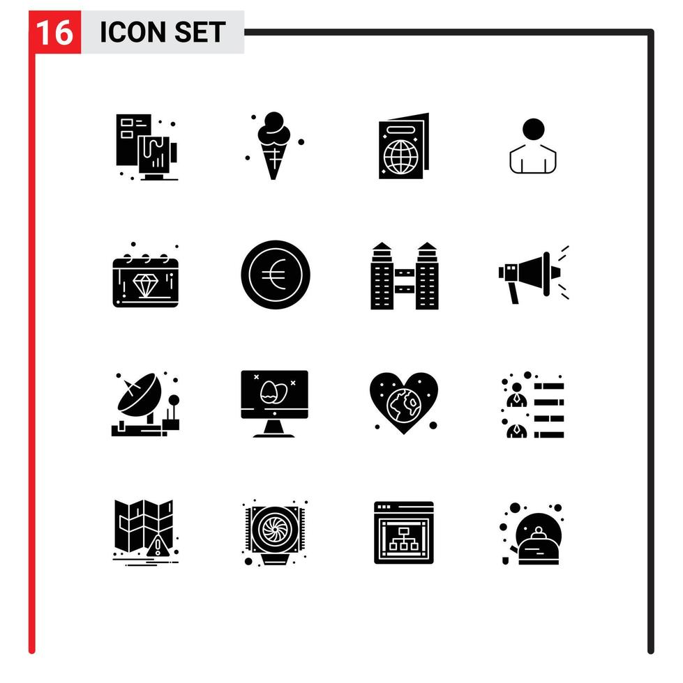 Group of 16 Modern Solid Glyphs Set for gem day beach banking man Editable Vector Design Elements