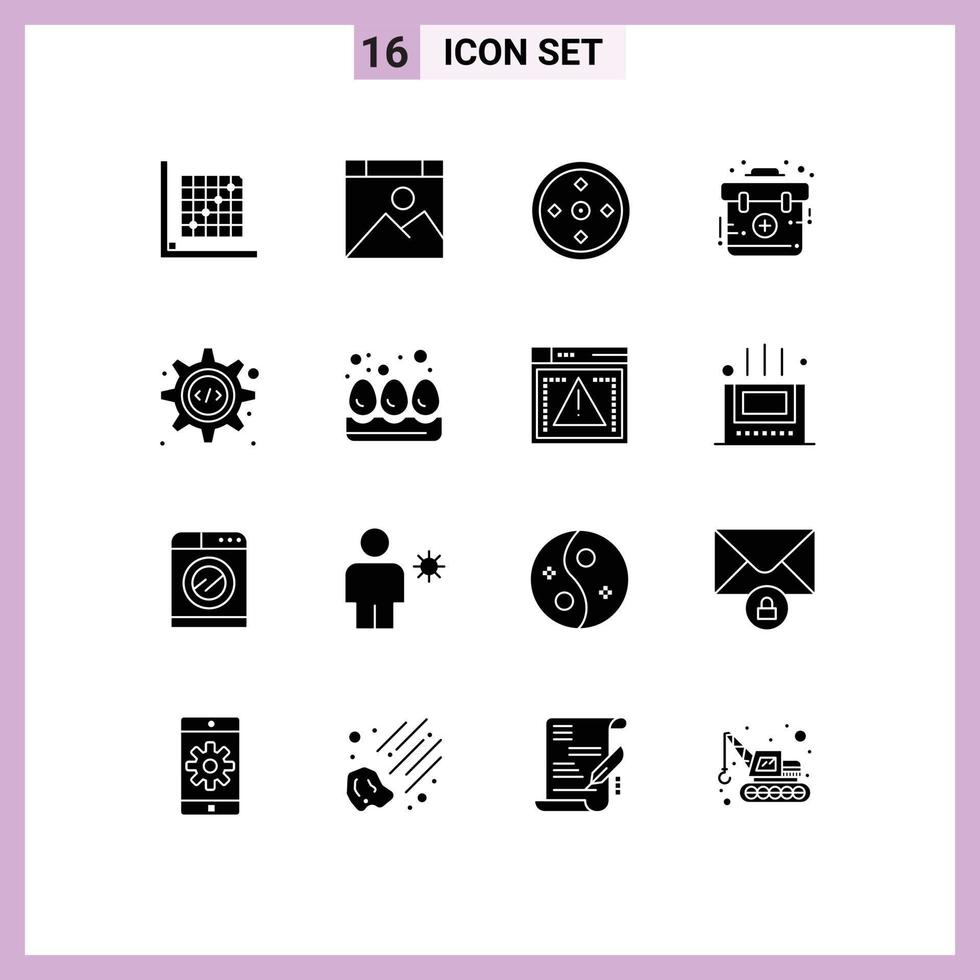 Pack of 16 Modern Solid Glyphs Signs and Symbols for Web Print Media such as html first website emergency target Editable Vector Design Elements