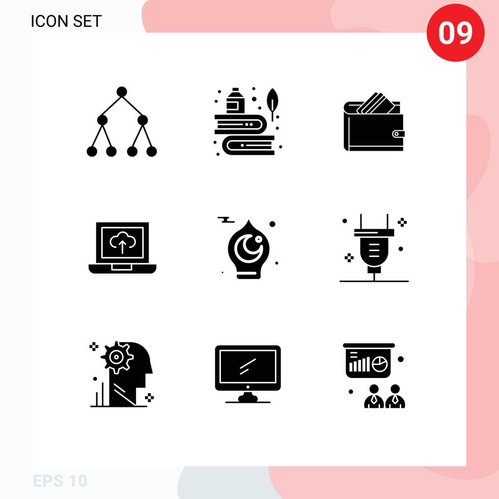 Mobile Interface Solid Glyph Set of 9 Pictograms of islamic upload wallet laptop finance Editable Vector Design Elements