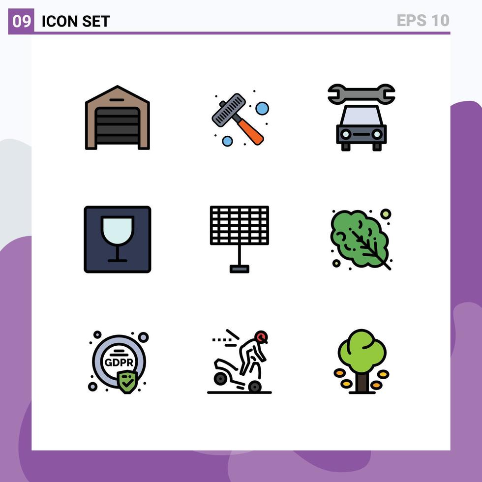Universal Icon Symbols Group of 9 Modern Filledline Flat Colors of leaves eco car battery food Editable Vector Design Elements