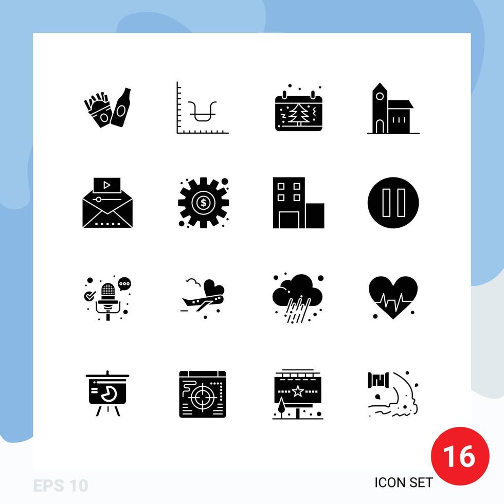 User Interface Pack of 16 Basic Solid Glyphs of famous video historic date church building Editable Vector Design Elements