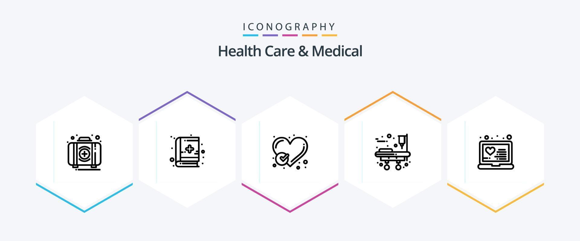 Health Care And Medical 25 Line icon pack including medical. bed. report. stretcher. like vector