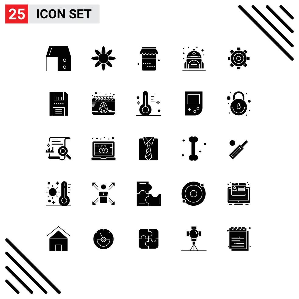 Set of 25 Vector Solid Glyphs on Grid for setting general jam basic bag Editable Vector Design Elements