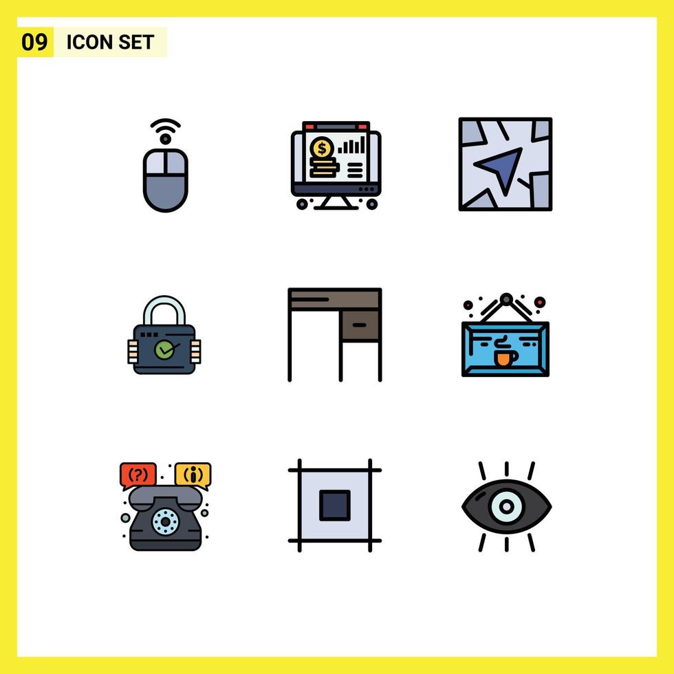 9 Creative Icons Modern Signs and Symbols of interior desk gps secure padlock Editable Vector Design Elements