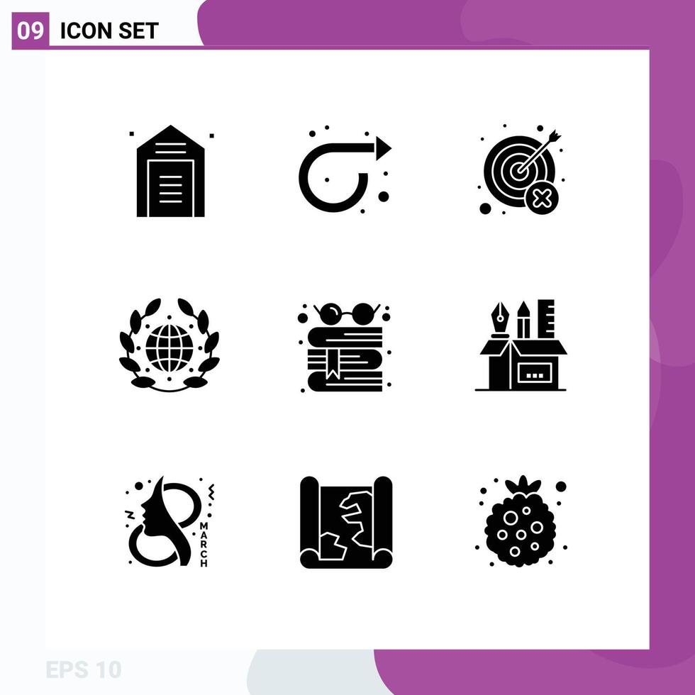Mobile Interface Solid Glyph Set of 9 Pictograms of world green right earth target Editable Vector Design Elements