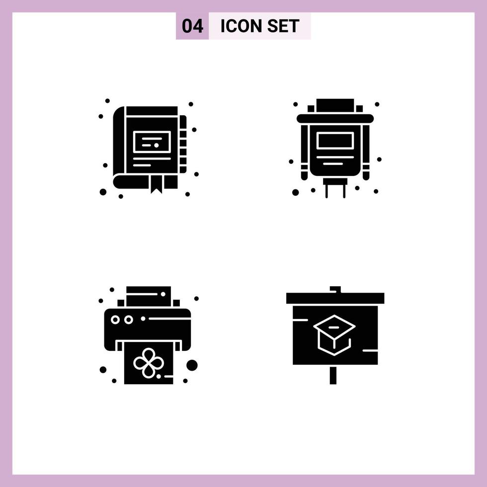 Universal Icon Symbols Group of 4 Modern Solid Glyphs of book print marketing port chart Editable Vector Design Elements