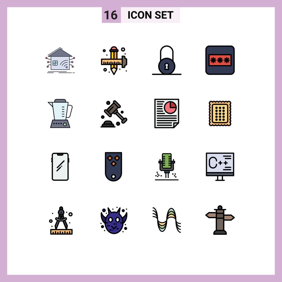 Modern Set of 16 Flat Color Filled Lines and symbols such as electric password drawing layout padlock Editable Creative Vector Design Elements
