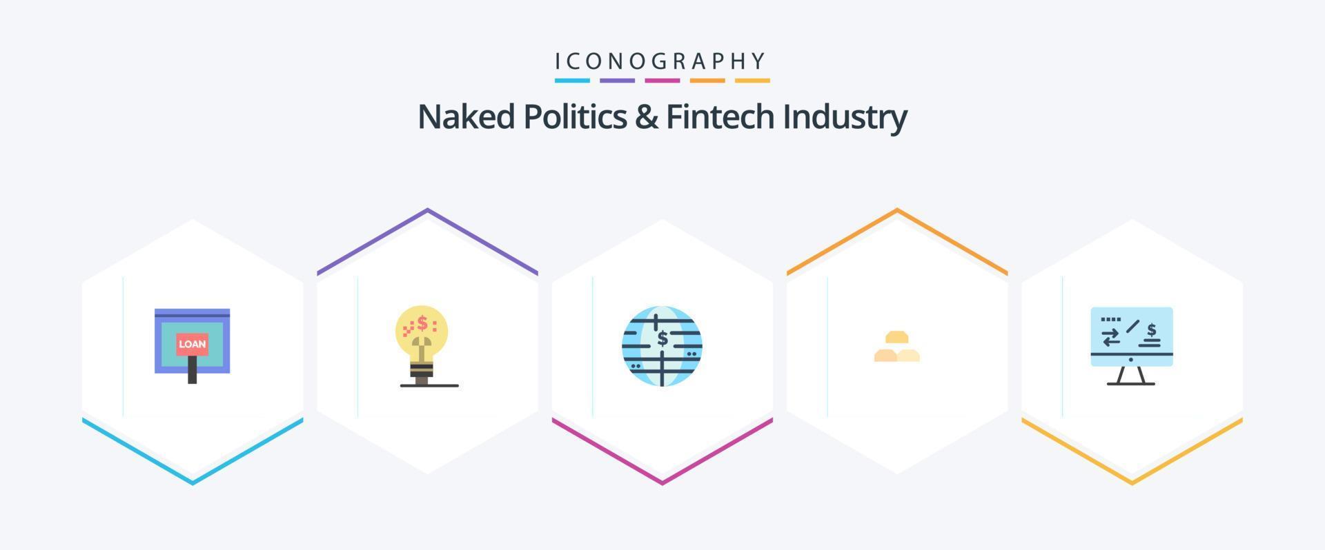Naked Politics And Fintech Industry 25 Flat icon pack including income. fund. idea. bars. cryptocurrency vector